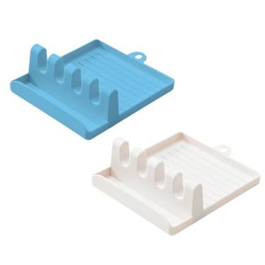 Imagem de Kit 2 Suporte Descanso de Talher Tampas de Panela Colher Concha Espátula Organizador de Utensílios Versátil (2, 1 AZUL + 1 CREME)