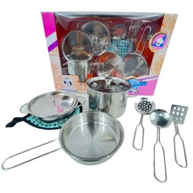Imagem de Kit Jogo de Panelinhas em Aço Inox, Conjunto De Mini Panelas Com Utensílios, Brinquedo Infantil Hora Da Cozinha