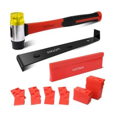 Imagem de WOTAHI Kit de ferramentas de instalação de piso laminado profissional de 43 peças - Martelo de cabo de fibra de vidro de face dupla de 35 mm, 40 espaçadores de piso, barra de tração resistente e bloco