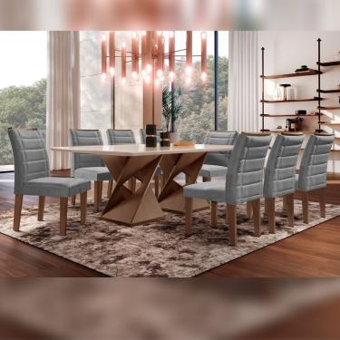 Imagem de Conjunto Sala De Jantar Genova Tampo Vidro/Mdf Com 8 Cadeiras Genova Smart Plus Cel Móveis Chocolate/Off White/Cinza
