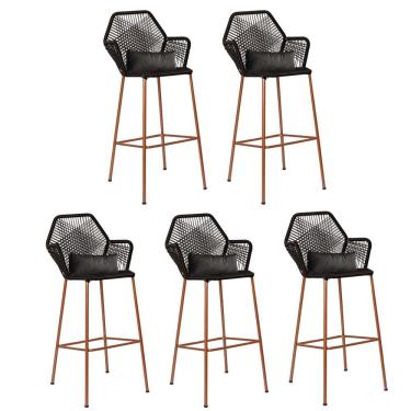 Imagem de Kit 05 Banqueta Alta Sttar Ferro Bronze Fibra Preto Almofada Sintético Cinza