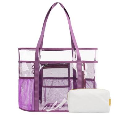 Imagem de TINYAT Bolsa grande transparente para mulheres, bolsa de praia de malha com zíper, bolsa de viagem transparente, bolsa de ombro para férias, natação, academia, Roxo/90647, One Size