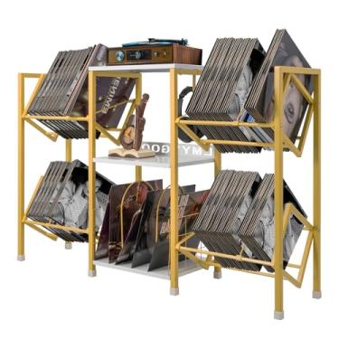 Imagem de LMYYGOO Suporte Grande Para Toca-Discos Com Compartimento Vinil, Armário Até 400 Álbuns, Sala De Estar, Quarto, Escritório, Livraria (Amarelo Dourado)
