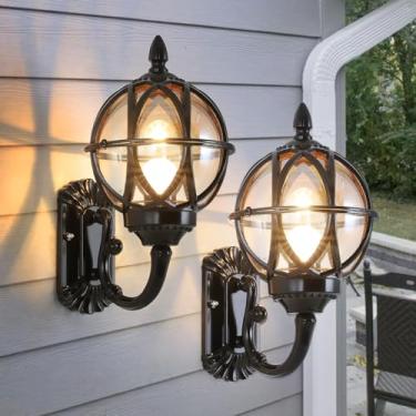 Imagem de PTOUG Pacote Com 2 Luminárias De Parede Para Áreas Externas, Arandelas Varanda Soquetes E26 E Cúpulas Vidro, Lâmpadas Pretas Foscas Modernas, Lanternas Externas À Prova D'Água Entrada Pátios Portas
