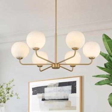 Imagem de HUOKU Lustre Moderno Sputnik Globe, Pendente Dourado De 6 Luzes Meados Do Século Com Cúpulas Vidro Fosco, Para Sala Jantar E Entrada