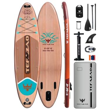 Imagem de TEFAZAO Prancha De Stand Up Paddle Inflável 34'' Largura, Sup Com Capacidade 180 Kg E Acessórios Premium, Mochila 100 L, Bolsa Estanque, Ajustável Para Adultos (Madeira)