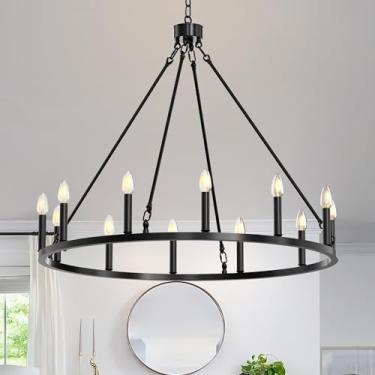 Imagem de BAOURE Lustre Industrial De 31 Polegadas Com Roda Carroça, Luminária Pendente Estilo Fazenda 12 Luzes, Ideal Para Varanda, Corredor, Hall Entrada, Cozinha Ou Sala Jantar