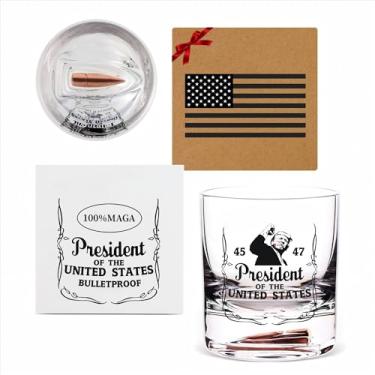 Imagem de Copos de uísque Donald Trump - Inlay A Bullet 100% MAGA-Donald Trump Merchandise - Presentes comemorativos do presidente 45 e 47 - Presentes Donald Trump para homens - copos Trump à prova de balas