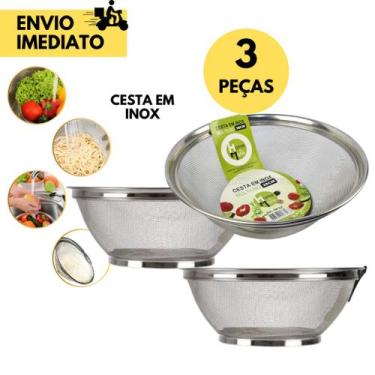 Imagem de 3 Cesta De Inox Escorredor Para Lavar Alimentos Arroz Legumes Frutas M