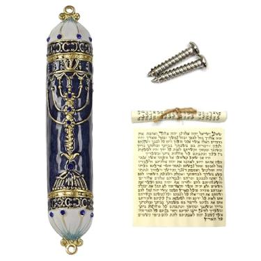 Imagem de CAMATET Mezuzá esmaltada pintada à mão de 13 cm com rolagem para porta - Design vintage com detalhes de cristal para presente de aquecimento de casas judaicas, decoração Hannukah (azul, médio)