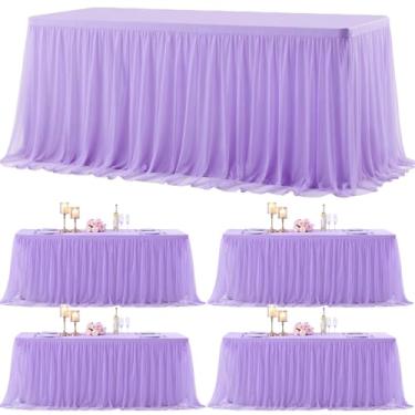Imagem de Pacote com 4 toalhas de mesa de lavanda para mesas retangulares de 2,3 m, saia de tule elástica, toalha de mesa retangular com babados tutu, banquete de casamento, chá de bebê, toalhas de mesa