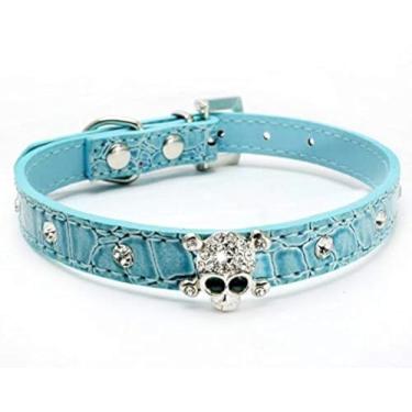 Imagem de Haoyueer Bonito deslumbrante cintilante elegante crânio diamante cristal strass couro pequeno animal de estimação cão gato coleira filhote de cachorro (azul, P)
