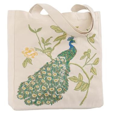 Imagem de Perseverance Trade Sacola feminina com bordado estético, linda bolsa de ombro reutilizável de lona para compras, supermercado, livros, academia, Pavão, Large