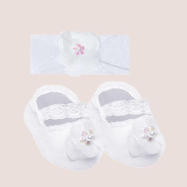 Imagem de Kit Meia Sapatilha E Faixa Para Cabelo Recém Nascido Selene, Branco, 0