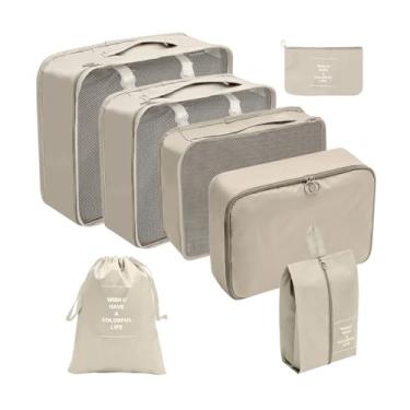 Imagem de Organizador Viagem Kit 7 Peças - Necessaire para Bagagem Malas Roupas Bolsa Cosméticos Higiene - Dobrável Impermeável Multiuso Feminina Masculina Unissex Grande Compacto Prático (BEGE)