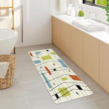 Imagem de DYNH Tapete de cozinha de meados do século, tapete de banho estetico abstrato geométrico meados do século, azul-petróleo, retrô, estrelas, 1950, 1960, moderno, minimalista, tapete para cozinha