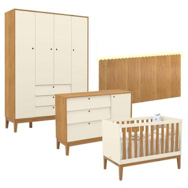 Imagem de Quarto de Bebê Unique 4 Portas com Cômoda Sapateira e Painel Farm com Led Off White Freijó Eco Wood - Matic