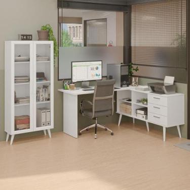 Imagem de Kit 2 Peças Com Escrivaninha Em L 3 Gavetas E Armário Multiuso Com Vid