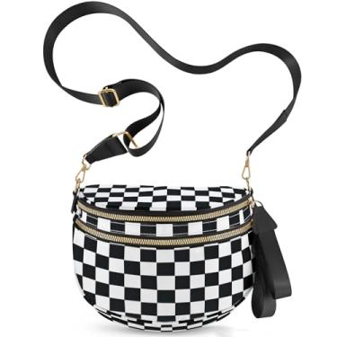 Imagem de NEWROGENG Bolsas transversais quadriculadas para mulheres, bolsas grandes de nylon plus size, pochete com alça de cinto para mulheres e viagens, Xadrez preto e branco