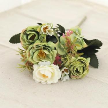 Imagem de Arranjo de flores artificiais de seda, buquê de peônias, vaso, flores falsas para casa, casamento, jardim, sala, decoração faça você mesmo, acessórios para festas (verde)