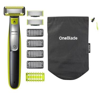 Imagem de Philips OneBlade — Aparador de barba por fazer corpo e rosto híbrido com 4 x comprimentos, 2 lâminas extras e bolsa de viagem,