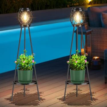 Imagem de MXwcy Pacote com 2 luzes solares externas com lâmpadas LED Edison, luminária de chão solar estilo vintage com suportes de plantas, luzes de jardim à prova de intempéries para caminho, pátio, quintal,