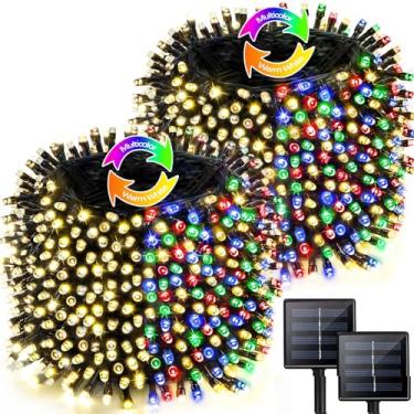 Imagem de Pacote com 2 luzes solares de Natal com 480 LEDs para ambientes externos, cordão de luzes solares de 480 metros para exterior com 8 modos e função de memória, luz cintilante à prova d'água para
