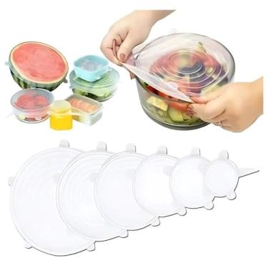 Imagem de Kit 6 Peças Tampas Silicone Universal Reutilizáveis Flexíveis Herméticas Compatíveis Com Potes Panelas Frutas Geladeira Congelador (Transparente)