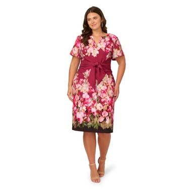 Imagem de Adrianna Papell Vestido feminino de sarja elástica com laço frontal, Berry Multi, 25 Plus Size