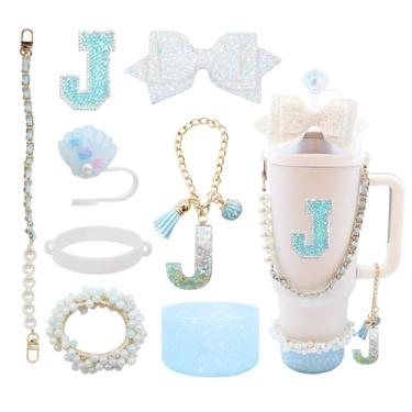 Imagem de Conjunto de 8 peças de acessórios para copo Stanley de 30 e 1,4 l com alça, incluindo topo de palha, bota, alça de alça de garrafa de água, decoração de arco de palha, pulseiras, pingente de letra