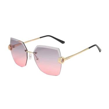 Imagem de HCPIHF Óculos de sol sem aro com lentes degradê e armação de metal, proteção UV400, feminino (cinza e rosa)