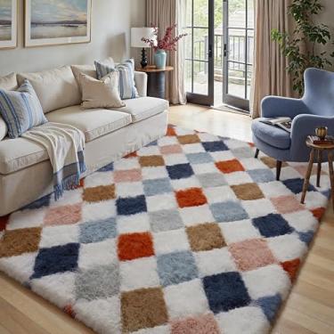 Imagem de WondRg Tapete quadriculado arco-íris 12 x 20 cm lavável à máquina, tapete com estampa de diamante, tapete macio colorido para sala de estar, quarto, sala de jogos, quarto de crianças, escritório