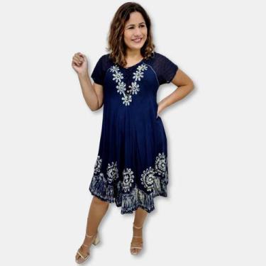 Imagem de Vestido Trapézio Manga Curta Batik Bordado Plus Size cordão - Sarat Mo