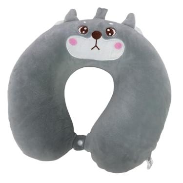 Imagem de Travesseiro de Pescoço Infantil Husky, Almofada de Viagem em Pelúcia Cinza, Espuma Viscoelástica NASA, Design Anatômico