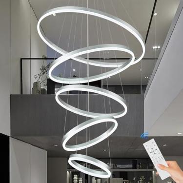 Imagem de Sparklelf Lustre de LED moderno de 5 anéis D31,5 polegadas prata regulável lustres de teto alto com controle remoto para entrada, sala de estar, sala de jantar, escada, 3000K-6500K