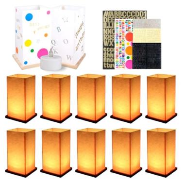 Imagem de FuHigh Pacote com 10 lanternas de papel flutuantes de madeira com luzes de vela LED, letras faça você mesmo, lanternas emaranhadas decorativas para uso ao ar livre, para casamento, piscina, festa de