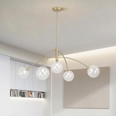 Imagem de Fulesi Lustre de latão moderno com 5 luzes, branco, transparente, globo de vidro, cúpula, pendente, dourado, cozinha, teto, lustre grande para sala de jantar, cozinha, quarto