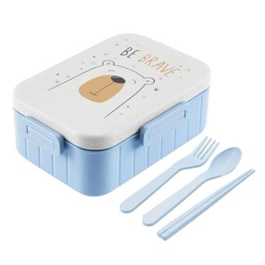 Imagem de Marmita Lancheira Pote Infantil Com Tampa Divisória Marmiteira Escola Creche Passeio Lanche Fruta Bento Box 1.2 Litros Hermética Com Talheres (Urso Azul)