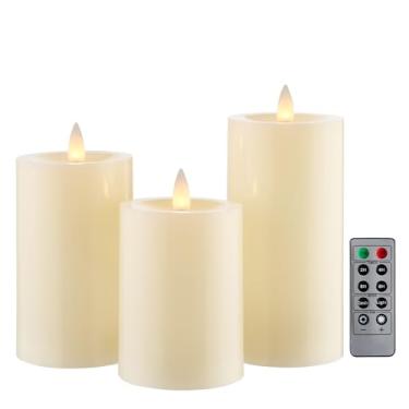 Imagem de CozierGlow Velas de pilar sem chama cintilando com temporizador remoto, velas de LED operadas por bateria de até 400 horas, velas de cera real de chama em movimento 3D, conjunto de 3, D3 x H4, 12,7 cm