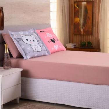 Imagem de Kit Jogo Lençol Roupa Cama Casal Queen 5 Peças Elastico Fronha 200 Fios Toque Aveludado Pet Love Gatos Rose Nude