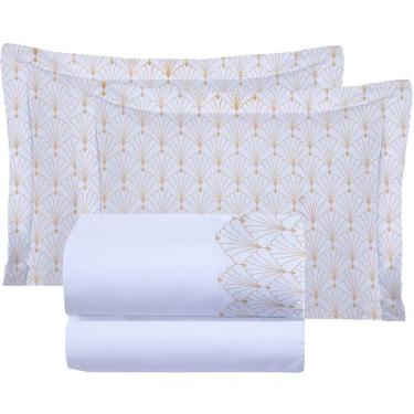 Imagem de Jogo Cama Lençol Jade Queen Micropercal 300 Fios Fronhas Estampadas 4 Peças - Branco