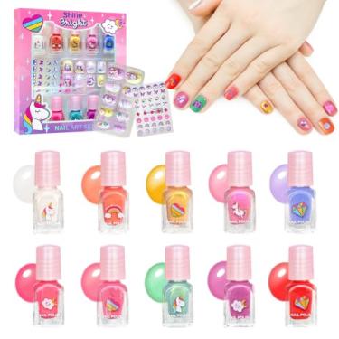 Imagem de Kit de esmalte infantil MU Unicorn Fantasy – 10 cores de esmalte à base de água e unhas de pressão, fórmula de remoção rápida, conjunto de esmalte mágico de unicórnio para meninas, conjunto de