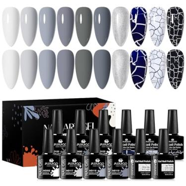 Imagem de MSRUIOO Conjunto de esmalte de gel cinza 3D Crackle Nail Polish, coleção de tons de cinza escuro esmalte de gel preto rachado incrível efeito de rachadura kit de arte de unhas 12 peças presente de