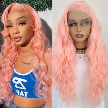 Imagem de RONGDUOYI Peruca encaracolada rosa longa ondulada peruca de cabelo sintético ondulado sem cola perucas frontais de renda rosa claro ondulado natural perucas encaracoladas profundas para mulheres
