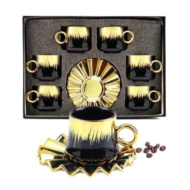 Imagem de Conjunto de xícara de café turco, elegante conjunto de 6 xícaras de chá de cerâmica com pires, xícaras de café expresso, 100 ml, xícara de café dourada preta com alça, conjunto de xícaras de chá de
