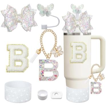 Imagem de Liangang Conjunto de acessórios de copo branco de 7 peças para Stanley 850 g 1,134 g, incluindo bota, tampa à prova de derramamento, capa de canudo de borboleta, letra adesiva, pingentes de letras