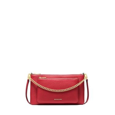 Imagem de Michael Kors Bolsa tiracolo conversível de bolso médio Jet Set, ferragens douradas/couro seixo/carmesim