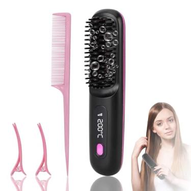 Imagem de ZESTEFY Escova alisadora de cabelo, alisador de cabelo portátil sem fio para cabelos grossos, pente alisador de cabelo de íons negativos com tela de LED, 3 temperaturas, alisador de escova de cabelo