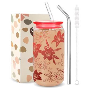 Imagem de Copos de vidro de flor de lírio copos de bebida floral adorável xícara de café gelado floral com 2 canudos, 473 ml, para mulheres, meninas, férias, verão, casa, escritório, decorações