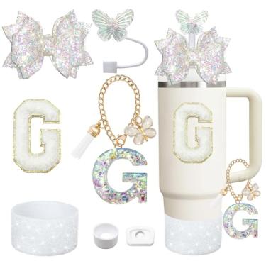 Imagem de Liangang Conjunto de acessórios de copo branco de 7 peças para Stanley 850 g 1,134 g, incluindo bota, tampa à prova de derramamento, capa de canudo de borboleta, letras adesivas, pingentes de letras